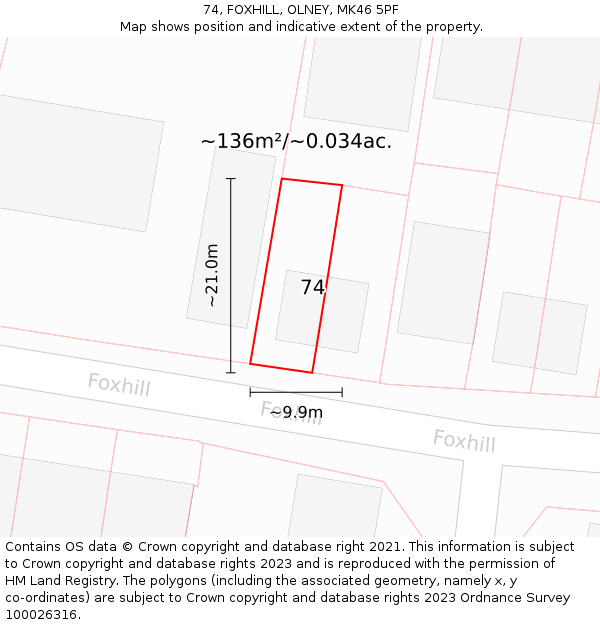 74, FOXHILL, OLNEY, MK46 5PF: Plot and title map