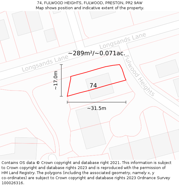 74, FULWOOD HEIGHTS, FULWOOD, PRESTON, PR2 9AW: Plot and title map