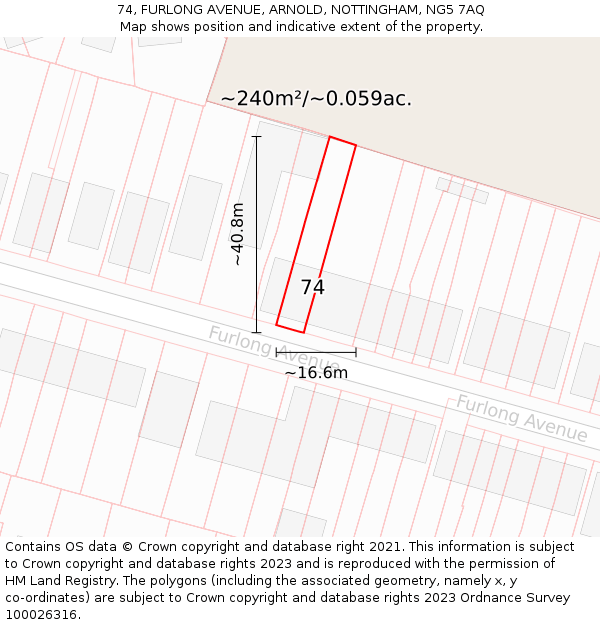 74, FURLONG AVENUE, ARNOLD, NOTTINGHAM, NG5 7AQ: Plot and title map