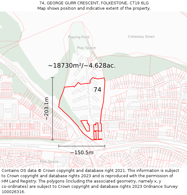 74, GEORGE GURR CRESCENT, FOLKESTONE, CT19 6LG: Plot and title map