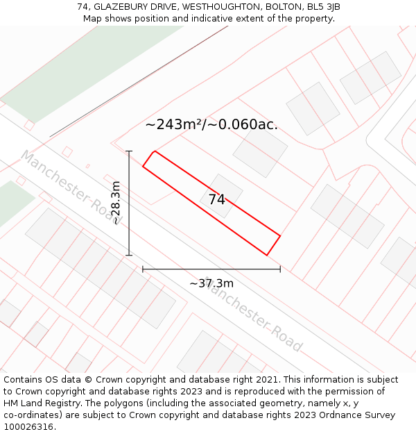 74, GLAZEBURY DRIVE, WESTHOUGHTON, BOLTON, BL5 3JB: Plot and title map