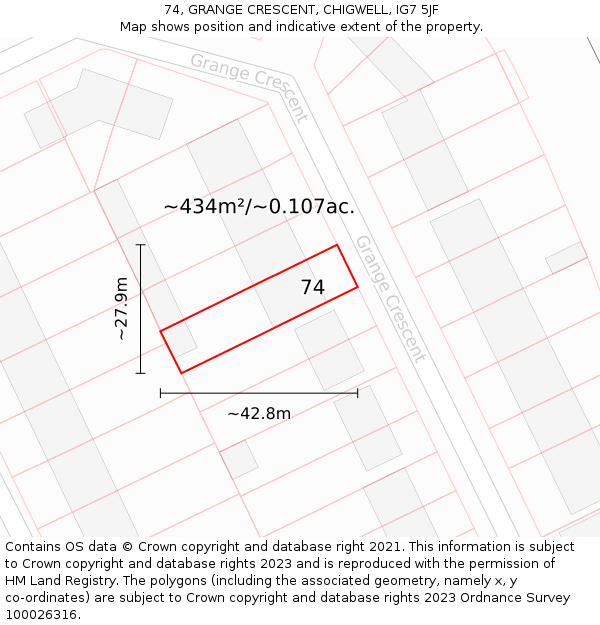 74, GRANGE CRESCENT, CHIGWELL, IG7 5JF: Plot and title map