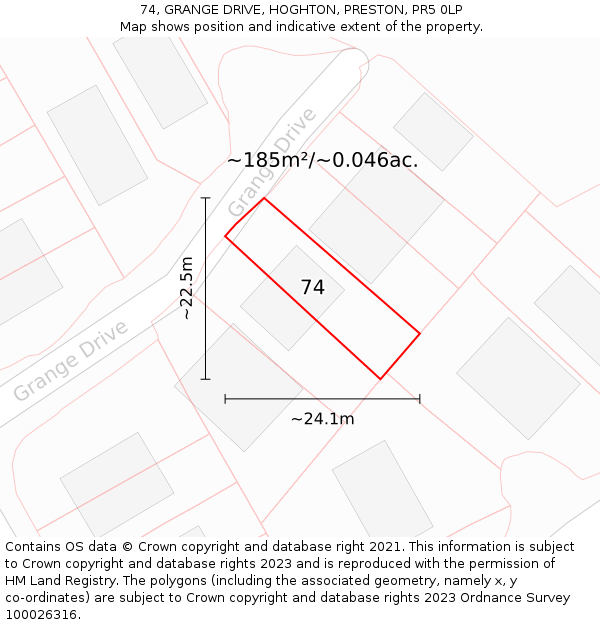 74, GRANGE DRIVE, HOGHTON, PRESTON, PR5 0LP: Plot and title map