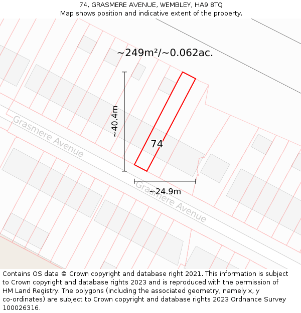 74, GRASMERE AVENUE, WEMBLEY, HA9 8TQ: Plot and title map