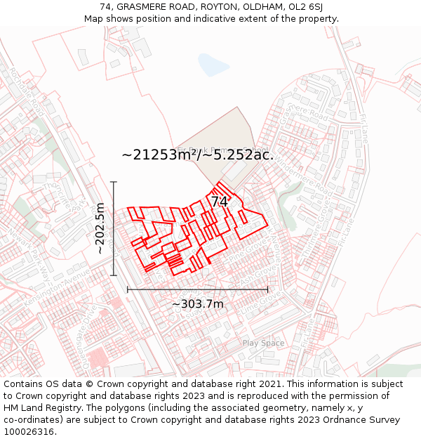 74, GRASMERE ROAD, ROYTON, OLDHAM, OL2 6SJ: Plot and title map