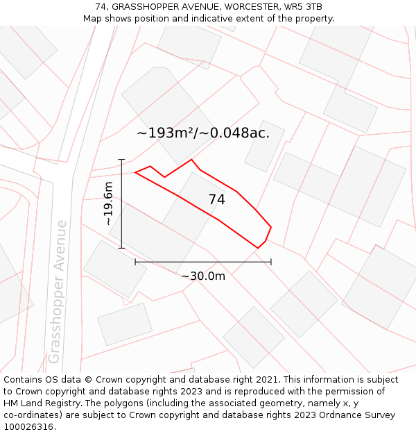 74, GRASSHOPPER AVENUE, WORCESTER, WR5 3TB: Plot and title map