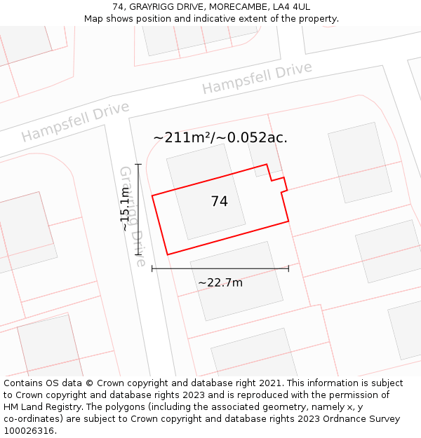 74, GRAYRIGG DRIVE, MORECAMBE, LA4 4UL: Plot and title map