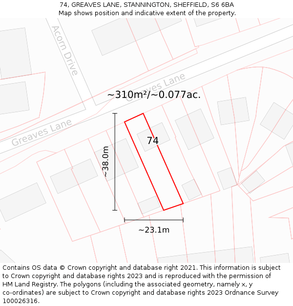 74, GREAVES LANE, STANNINGTON, SHEFFIELD, S6 6BA: Plot and title map