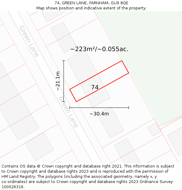 74, GREEN LANE, FARNHAM, GU9 8QE: Plot and title map
