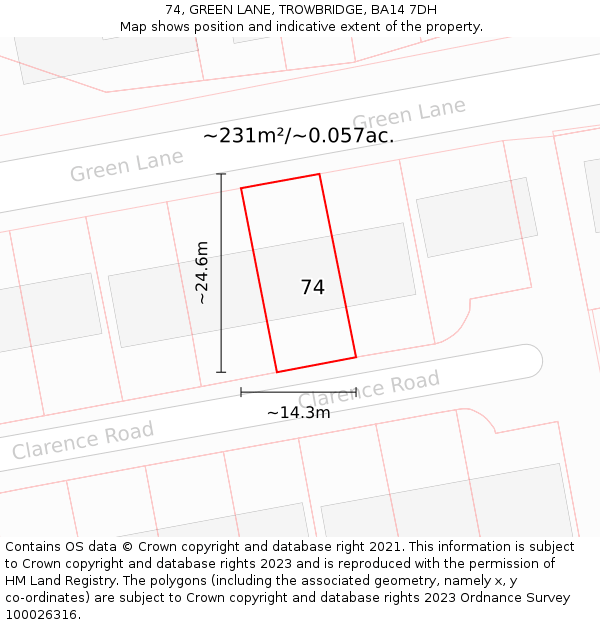 74, GREEN LANE, TROWBRIDGE, BA14 7DH: Plot and title map