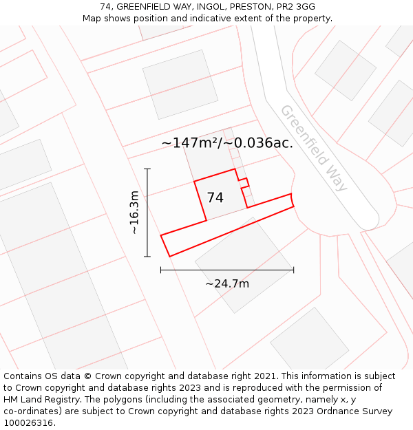 74, GREENFIELD WAY, INGOL, PRESTON, PR2 3GG: Plot and title map