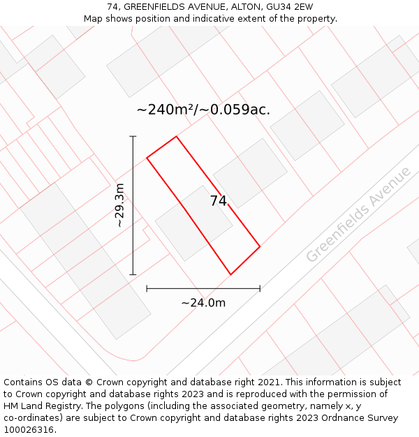 74, GREENFIELDS AVENUE, ALTON, GU34 2EW: Plot and title map