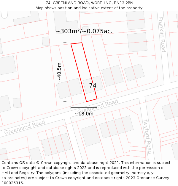 74, GREENLAND ROAD, WORTHING, BN13 2RN: Plot and title map