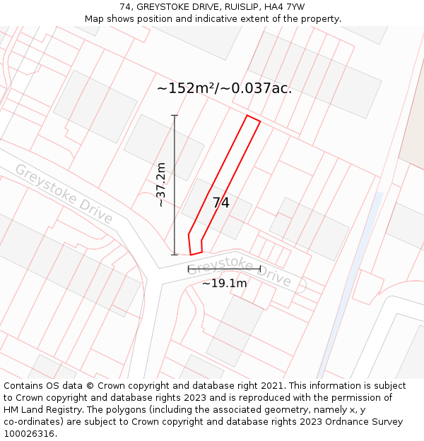 74, GREYSTOKE DRIVE, RUISLIP, HA4 7YW: Plot and title map