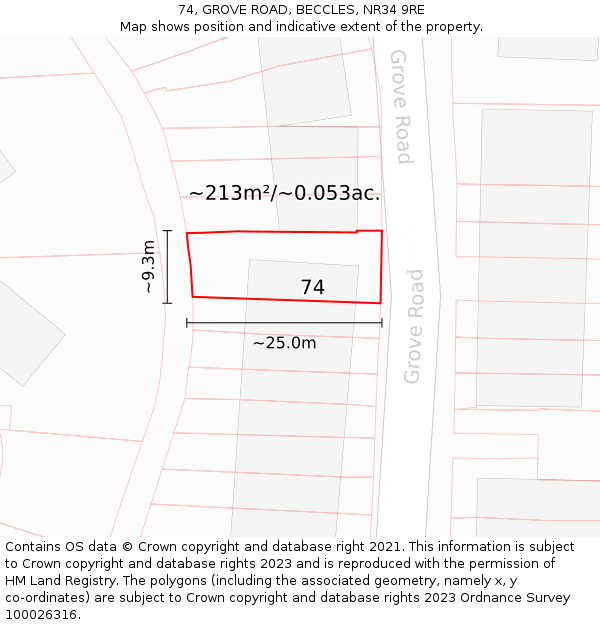 74, GROVE ROAD, BECCLES, NR34 9RE: Plot and title map
