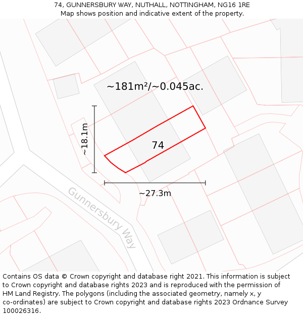 74, GUNNERSBURY WAY, NUTHALL, NOTTINGHAM, NG16 1RE: Plot and title map