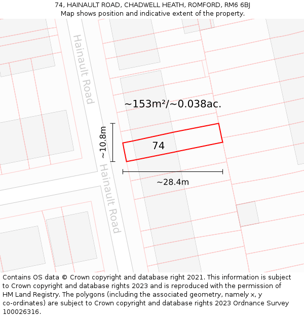 74, HAINAULT ROAD, CHADWELL HEATH, ROMFORD, RM6 6BJ: Plot and title map