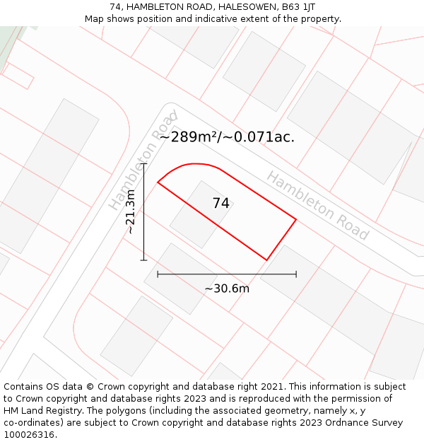 74, HAMBLETON ROAD, HALESOWEN, B63 1JT: Plot and title map