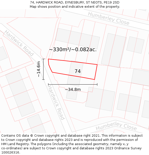 74, HARDWICK ROAD, EYNESBURY, ST NEOTS, PE19 2SD: Plot and title map