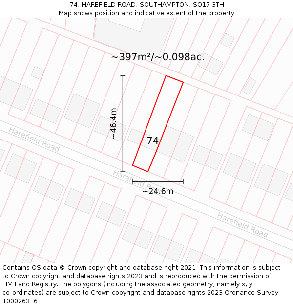 74, HAREFIELD ROAD, SOUTHAMPTON, SO17 3TH: Plot and title map