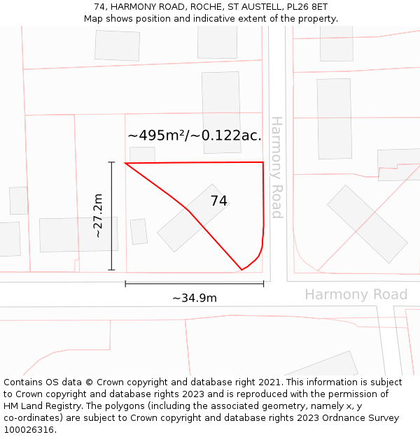 74, HARMONY ROAD, ROCHE, ST AUSTELL, PL26 8ET: Plot and title map