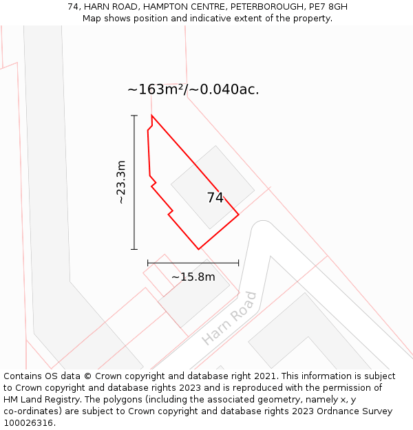 74, HARN ROAD, HAMPTON CENTRE, PETERBOROUGH, PE7 8GH: Plot and title map