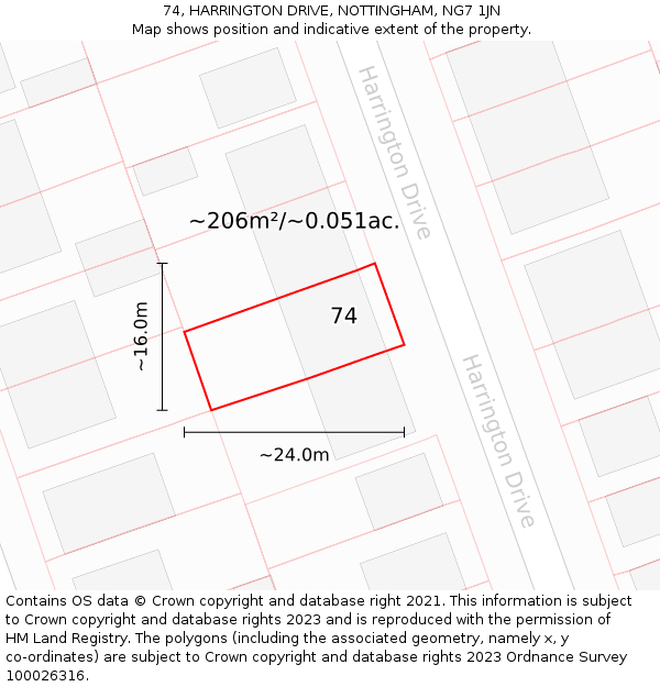 74, HARRINGTON DRIVE, NOTTINGHAM, NG7 1JN: Plot and title map