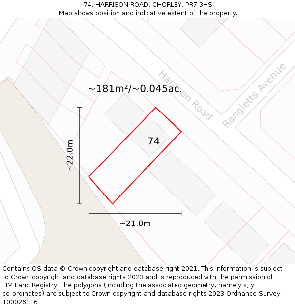 74, HARRISON ROAD, CHORLEY, PR7 3HS: Plot and title map