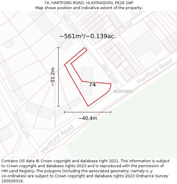 74, HARTFORD ROAD, HUNTINGDON, PE29 1WF: Plot and title map