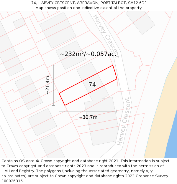 74, HARVEY CRESCENT, ABERAVON, PORT TALBOT, SA12 6DF: Plot and title map