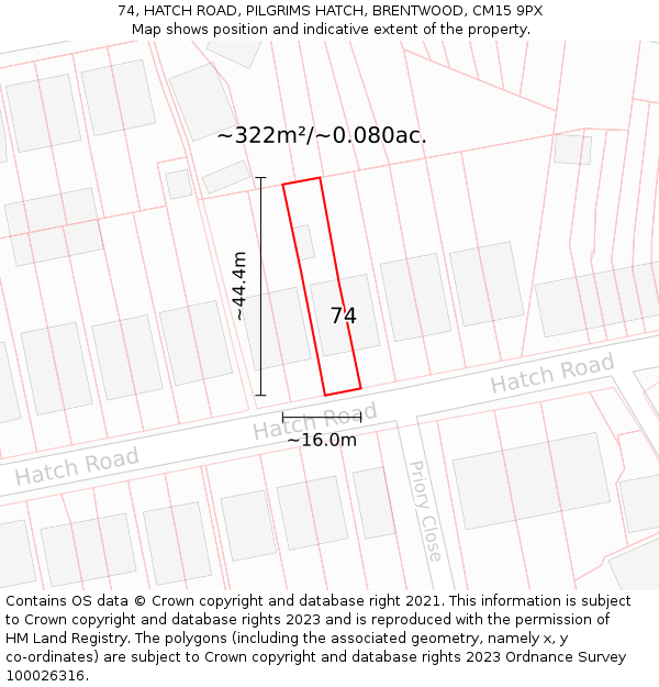 74, HATCH ROAD, PILGRIMS HATCH, BRENTWOOD, CM15 9PX: Plot and title map