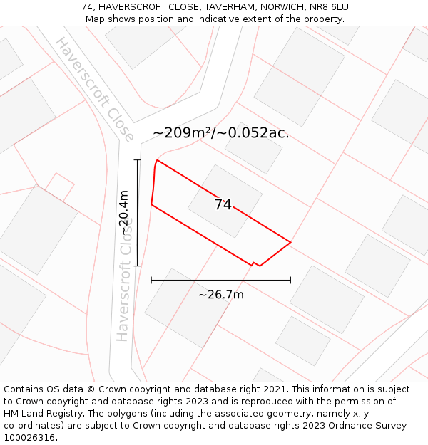 74, HAVERSCROFT CLOSE, TAVERHAM, NORWICH, NR8 6LU: Plot and title map