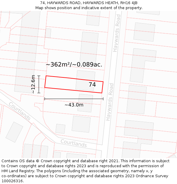 74, HAYWARDS ROAD, HAYWARDS HEATH, RH16 4JB: Plot and title map