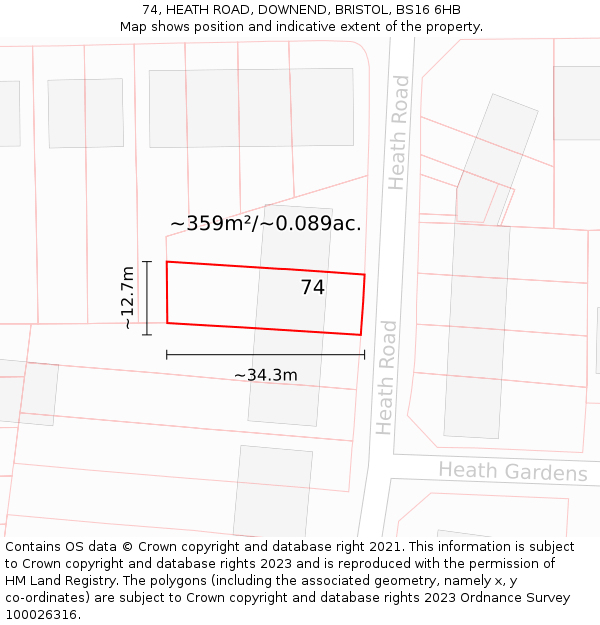 74, HEATH ROAD, DOWNEND, BRISTOL, BS16 6HB: Plot and title map