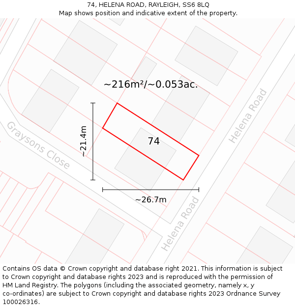 74, HELENA ROAD, RAYLEIGH, SS6 8LQ: Plot and title map