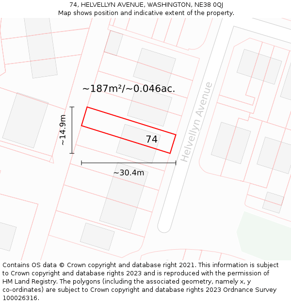 74, HELVELLYN AVENUE, WASHINGTON, NE38 0QJ: Plot and title map