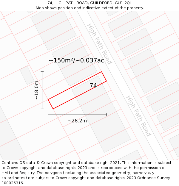 74, HIGH PATH ROAD, GUILDFORD, GU1 2QL: Plot and title map