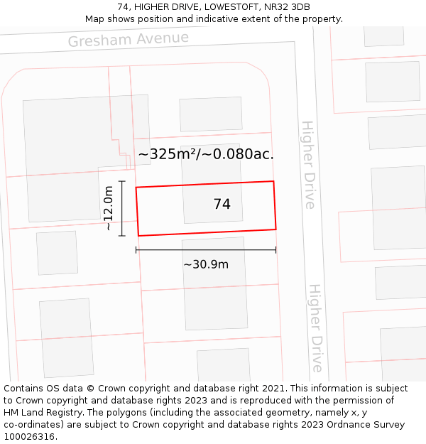 74, HIGHER DRIVE, LOWESTOFT, NR32 3DB: Plot and title map