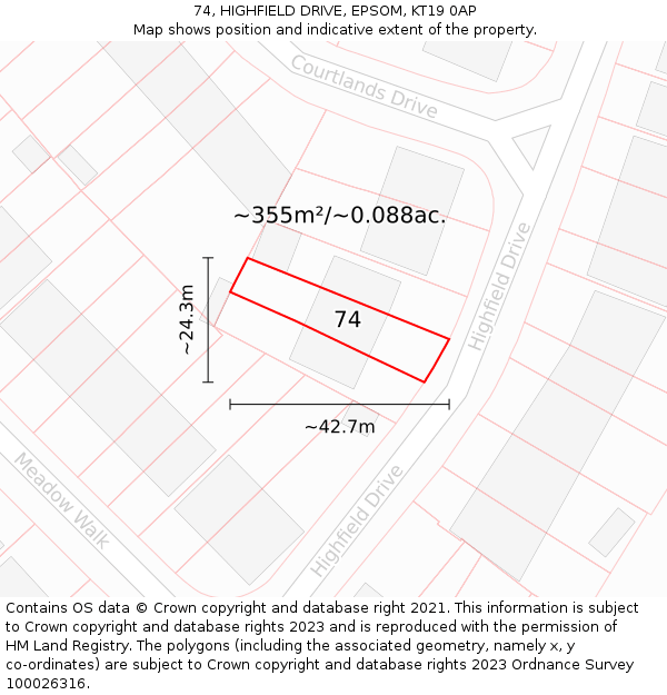 74, HIGHFIELD DRIVE, EPSOM, KT19 0AP: Plot and title map