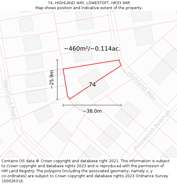 74, HIGHLAND WAY, LOWESTOFT, NR33 9AR: Plot and title map