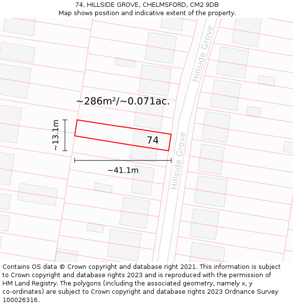 74, HILLSIDE GROVE, CHELMSFORD, CM2 9DB: Plot and title map