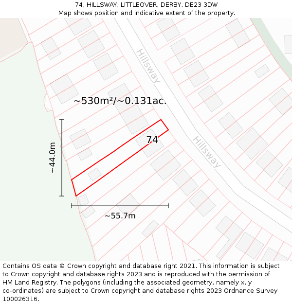 74, HILLSWAY, LITTLEOVER, DERBY, DE23 3DW: Plot and title map
