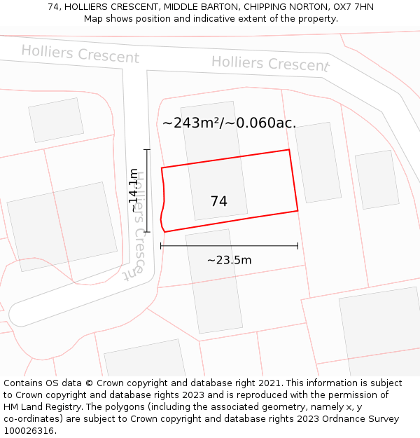 74, HOLLIERS CRESCENT, MIDDLE BARTON, CHIPPING NORTON, OX7 7HN: Plot and title map