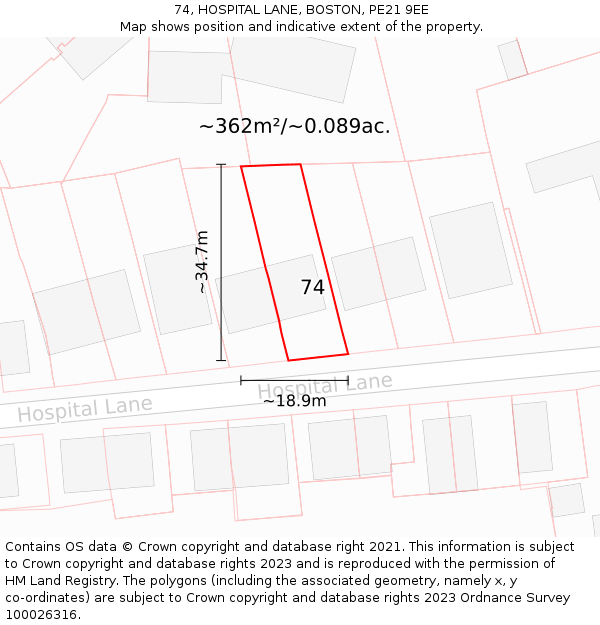 74, HOSPITAL LANE, BOSTON, PE21 9EE: Plot and title map