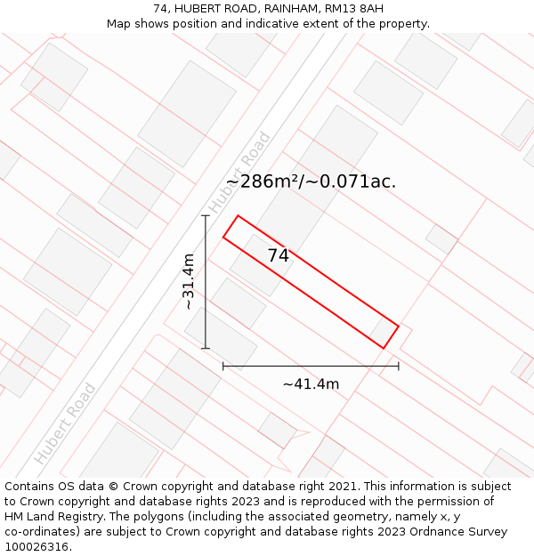 74, HUBERT ROAD, RAINHAM, RM13 8AH: Plot and title map
