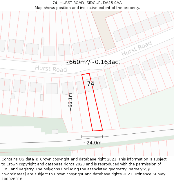 74, HURST ROAD, SIDCUP, DA15 9AA: Plot and title map