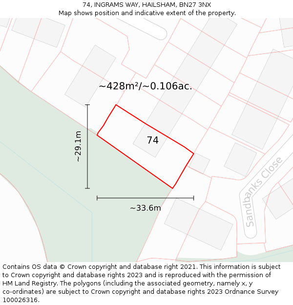 74, INGRAMS WAY, HAILSHAM, BN27 3NX: Plot and title map