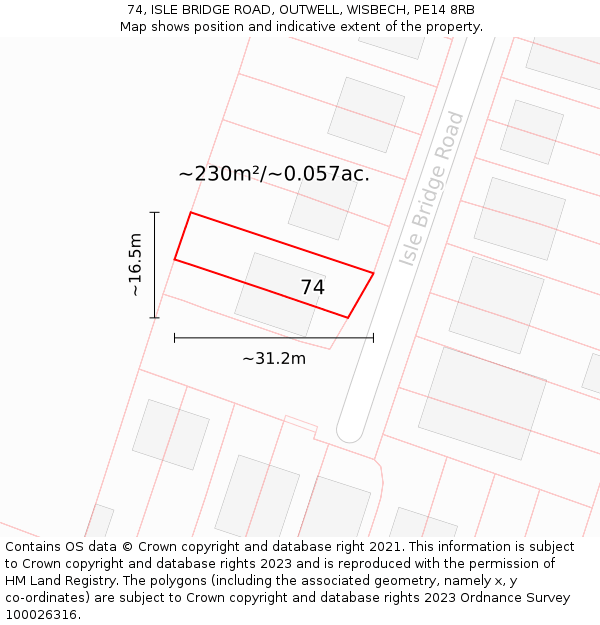 74, ISLE BRIDGE ROAD, OUTWELL, WISBECH, PE14 8RB: Plot and title map