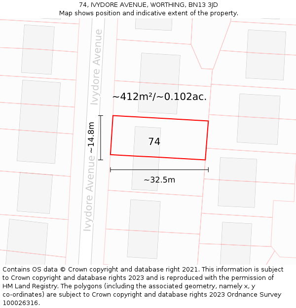 74, IVYDORE AVENUE, WORTHING, BN13 3JD: Plot and title map