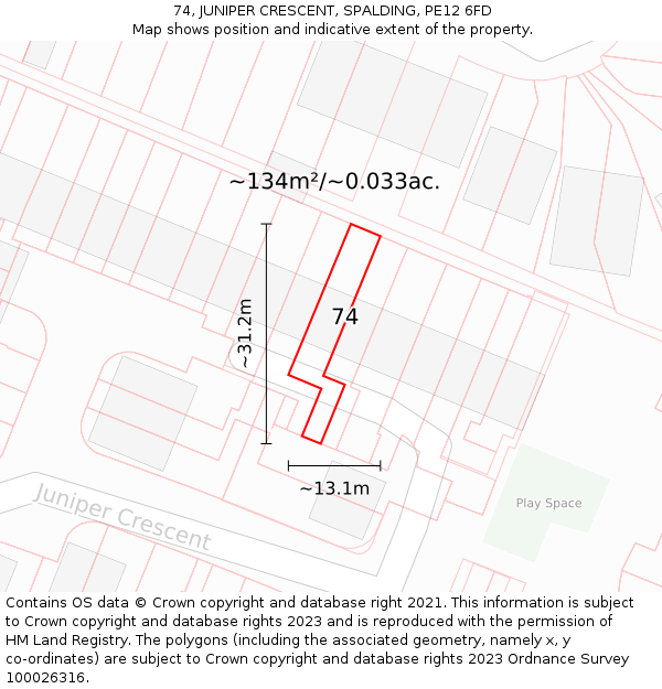 74, JUNIPER CRESCENT, SPALDING, PE12 6FD: Plot and title map